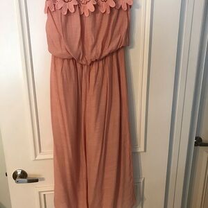 Pink Strapless Maxi Dress with Floral Detail